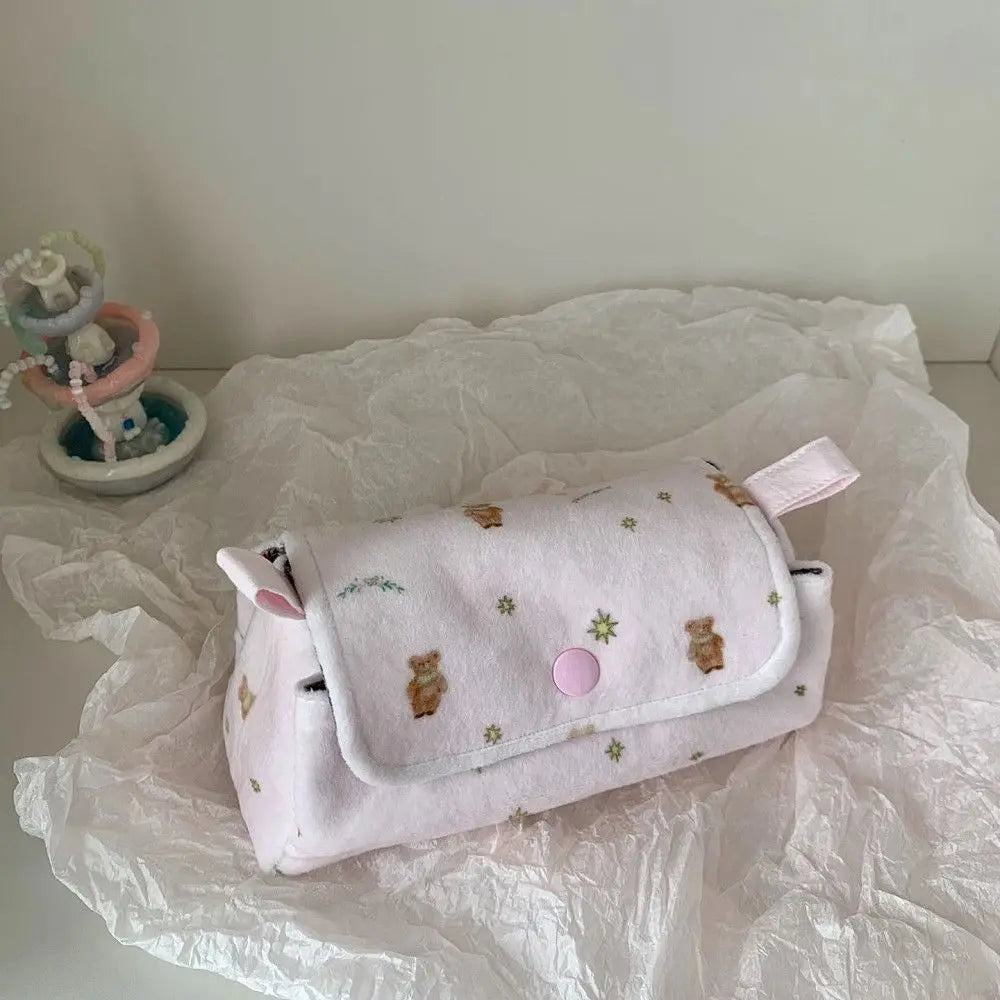 Three-Layer Cotton Pencil Case – Bear Polka Dot Student Pouch