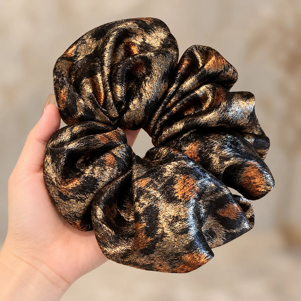 Oversized Leopard Print Scrunchie – Vintage Metallic Hair Tie