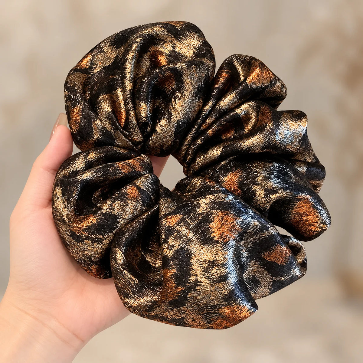Oversized Leopard Print Scrunchie – Vintage Metallic Hair Tie