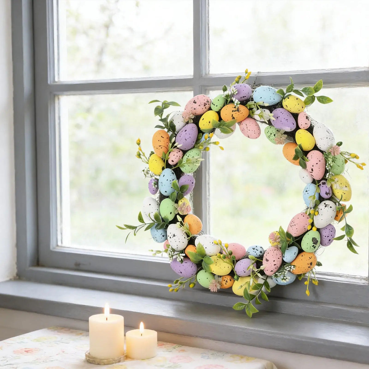 Spring Easter Door Wreath – Artificial Flower Garland with Eggs