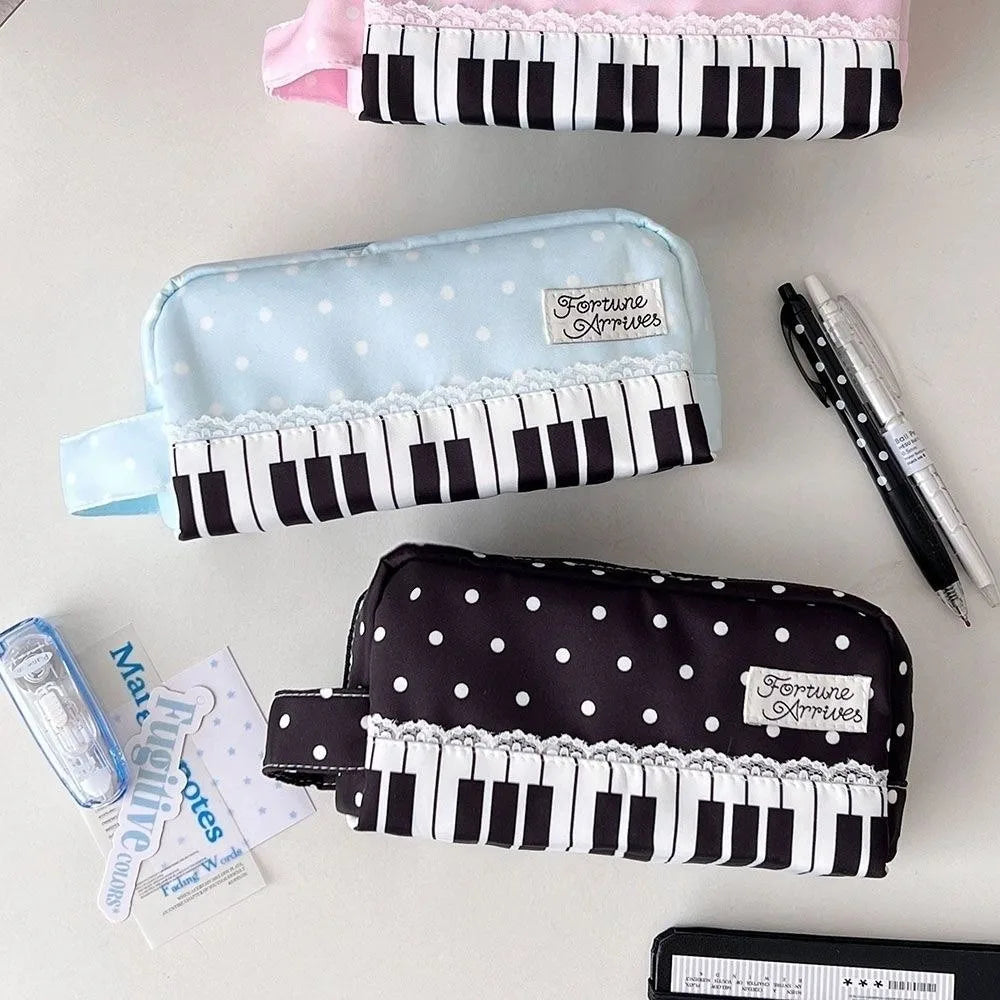 Polka Dot Piano Key Pencil Case – Large Capacity Pen Bag