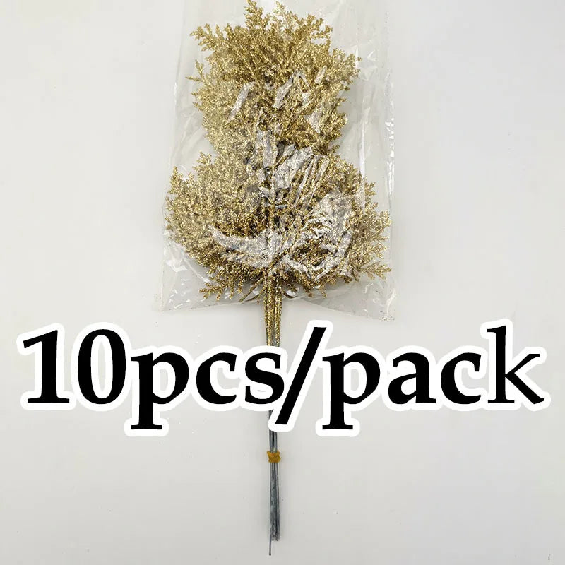 Gold Glitter Artificial Pine Branches Christmas Decor 10pcs
