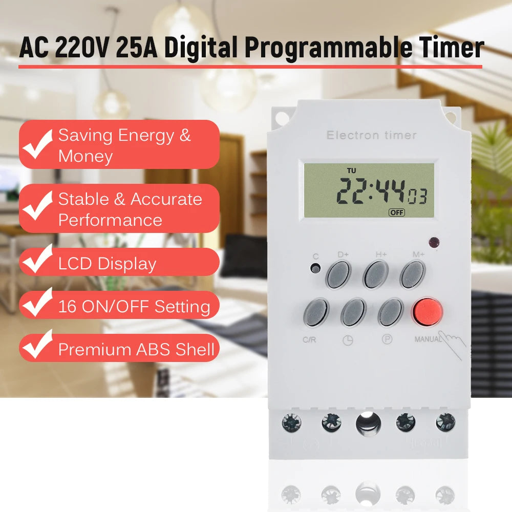 AC 220V 25A Digital Programmable DIN Rail Timer Switch LCD