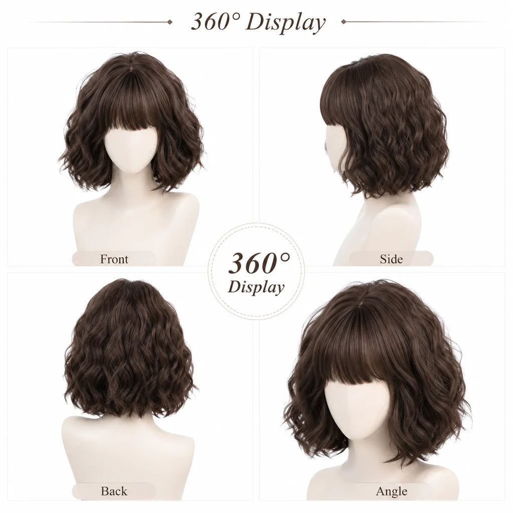 Short Wavy Bob Wig with Bangs – Synthetic Natural Scalp
