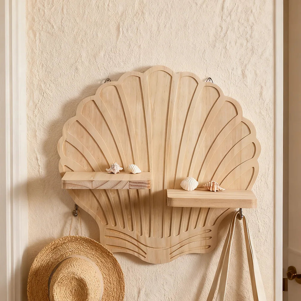 Bohemian Shell Pine Wood Wall Flower Pot Rack | Boho Décor