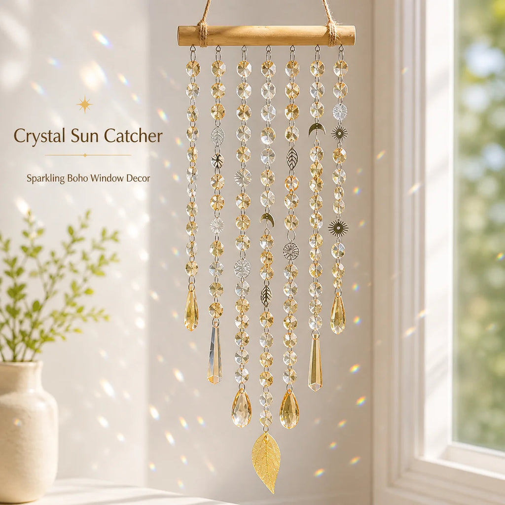 Boho Crystal Sun Catcher Hanging Decor – Sun Moon Leaf Charms