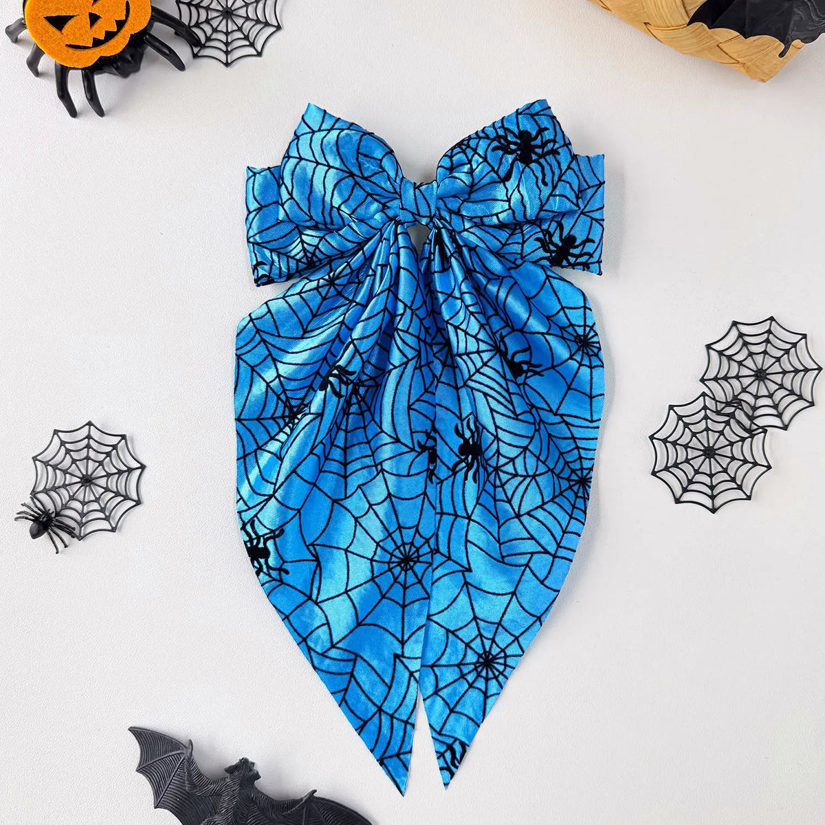 Halloween Satin Bow Hair Clip – Spider Web Pumpkin Barrette