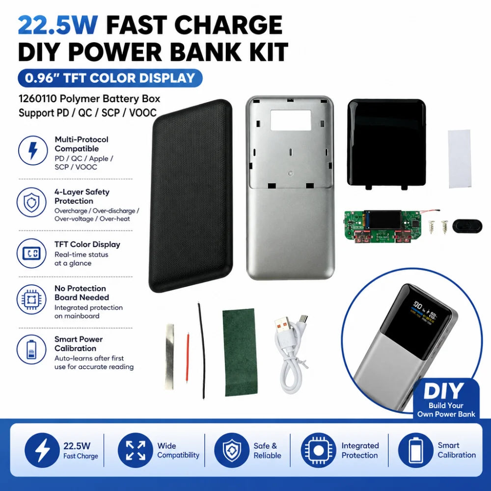 22.5W Fast-Charging Power Bank DIY Kit | TFT Screen PD QC