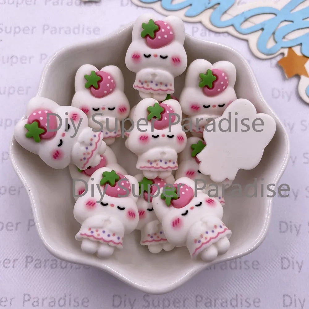 12PCS Resin Strawberry Rabbit Flatback Figurines for DIY Crafts