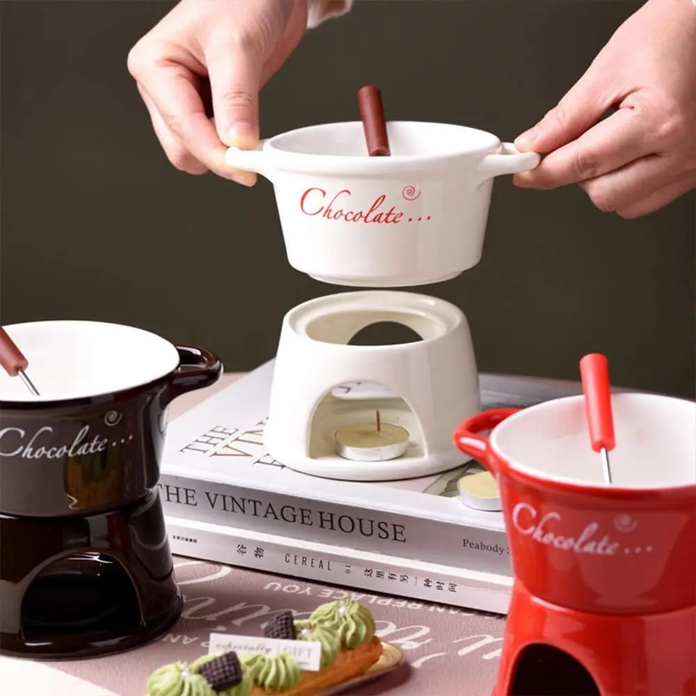 Ceramic Chocolate Melting Cup Set with Fork & Candle Base