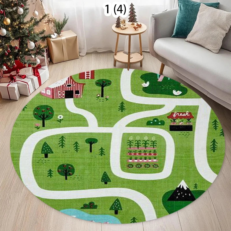Round Kids Play Rug – Animal & City Road Educational Mat