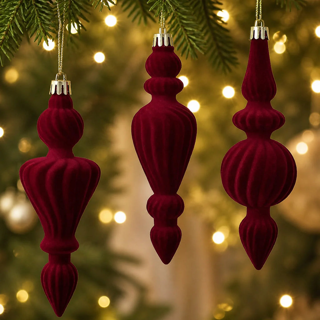 Flocked Irregular Christmas Ornaments – 6-Piece Burgundy Set