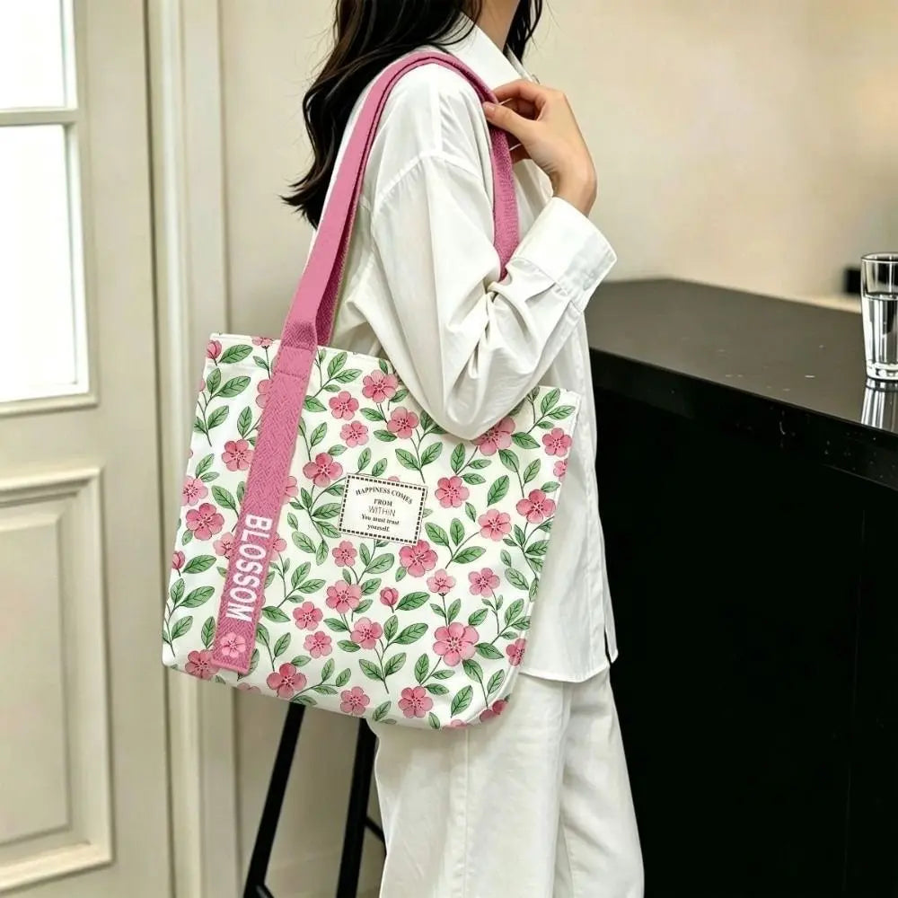 Floral & Lemon Canvas Tote Bag – Large Open-Top Shoulder Bag