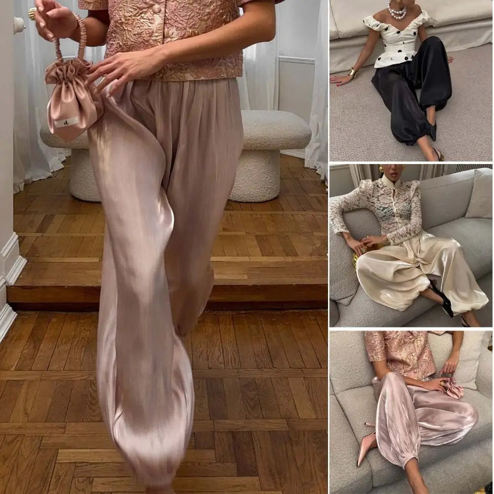 Women's Satin Wide-Leg Pants | Elastic High Waist Ankle Length