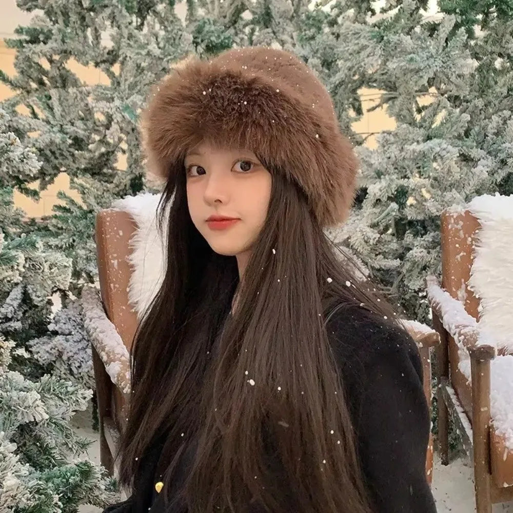 Fluffy Faux Fur Plush Bucket Hat – Windproof Winter Panama Cap