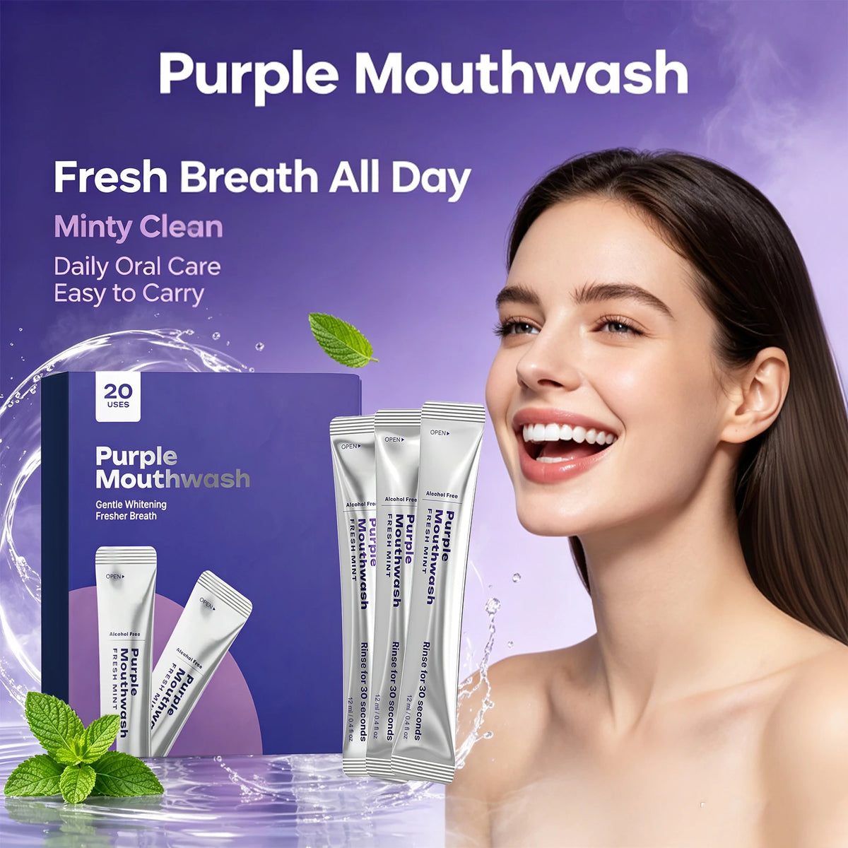 Purple Mint Portable Mouthwash Sachets – Fresh Breath 20PCS