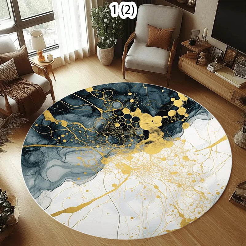 Marble White Gold Round Area Rug – Modern Bedroom Floor Mat