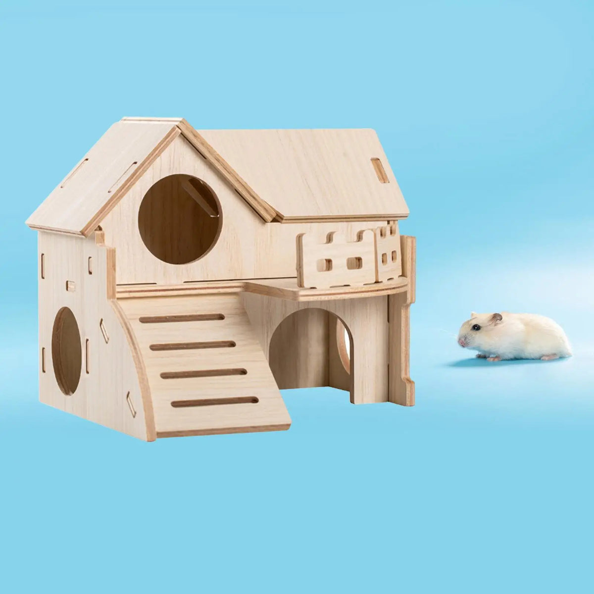 Wooden Hamster House Multi-Level Hideout Hut with Ladder