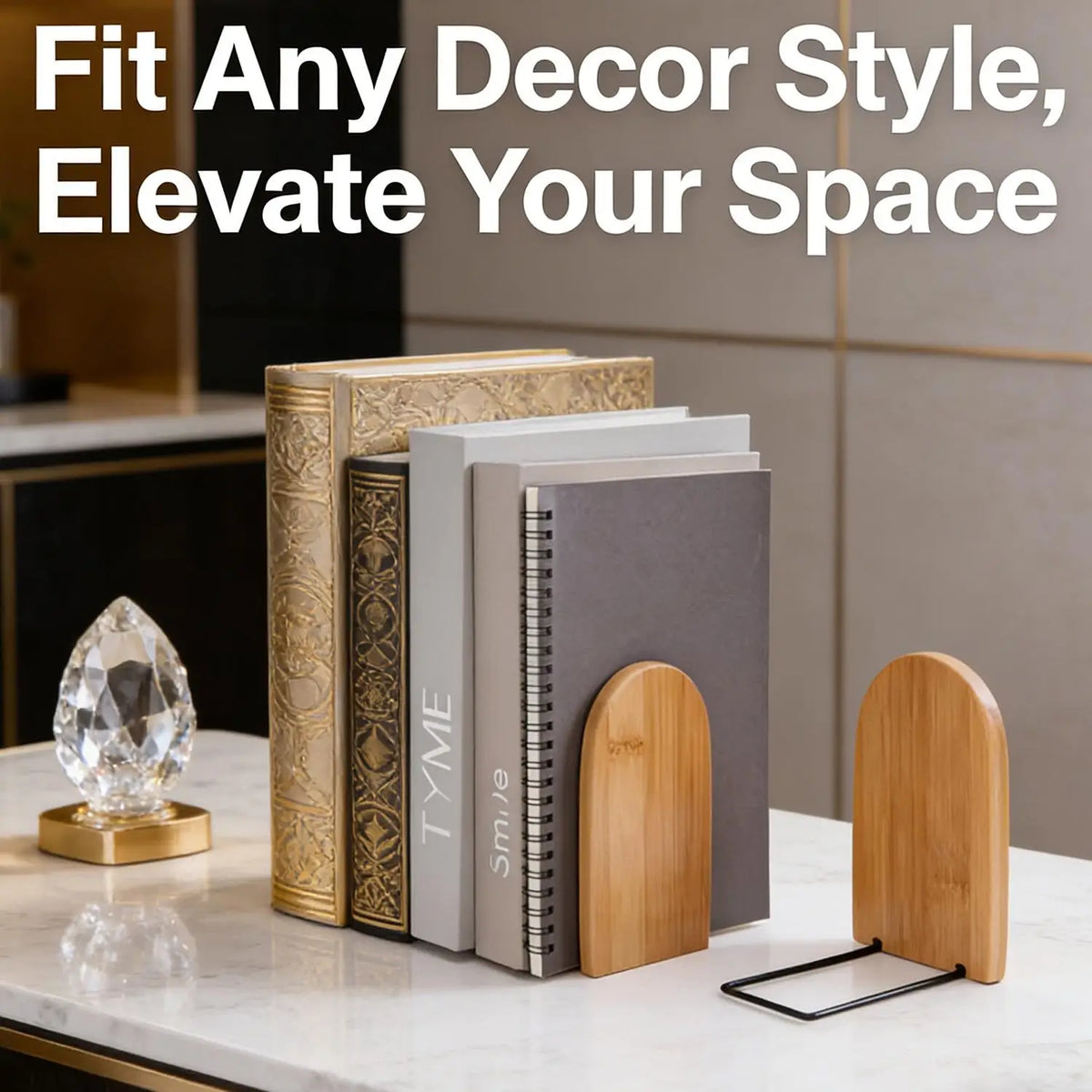 Bamboo & Metal Bookends – Non-Slip Heavy-Duty Pair