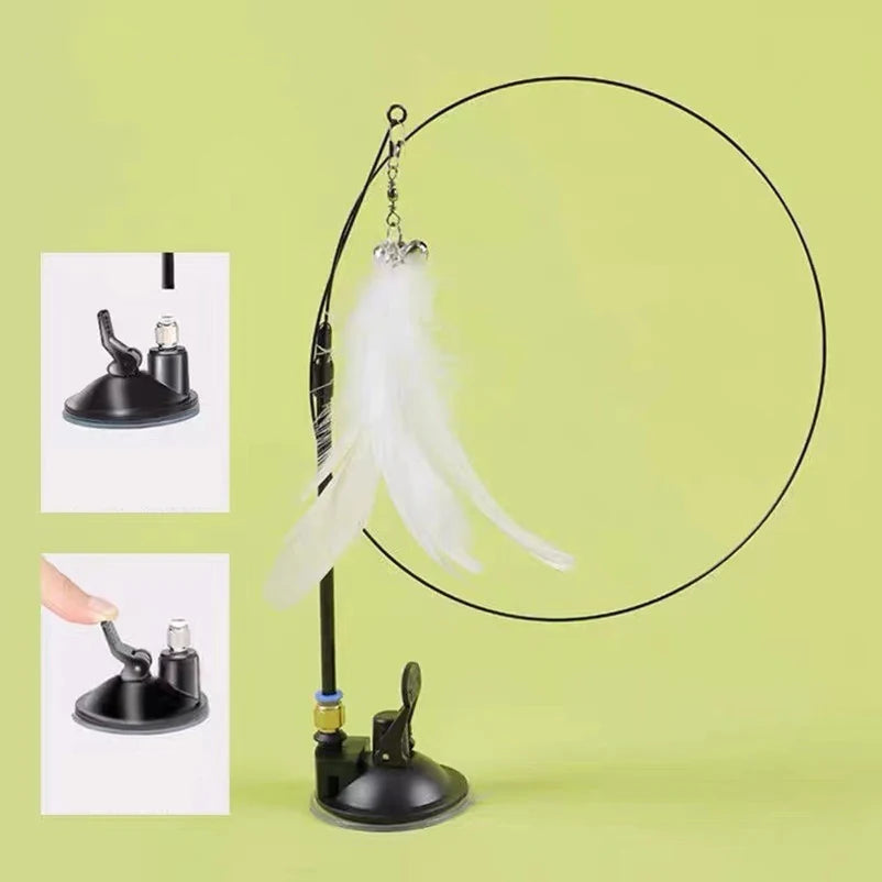 Suction Cup Cat Teaser Toy – Bell, Feather & Long Rod Wand