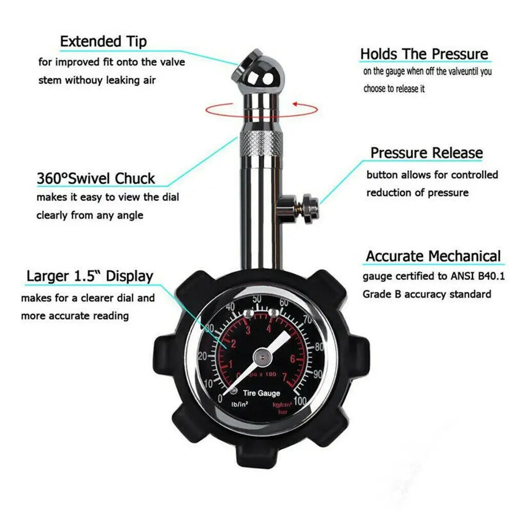 100 PSI Tire Pressure Gauge with Reset – Heavy Duty Car Tool