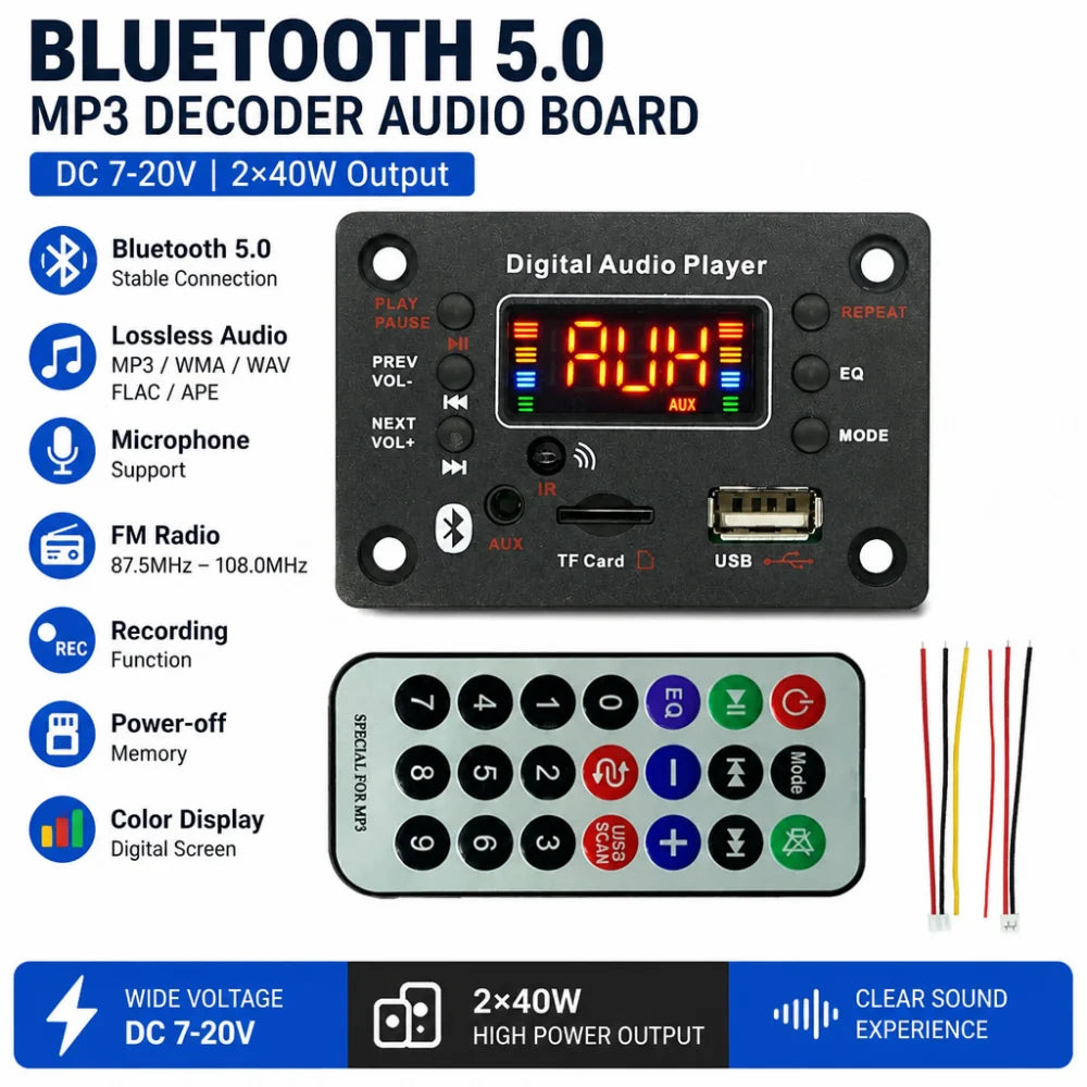 Bluetooth 5.0 MP3 Decoder Amplifier Board 2×40W DC7-20V
