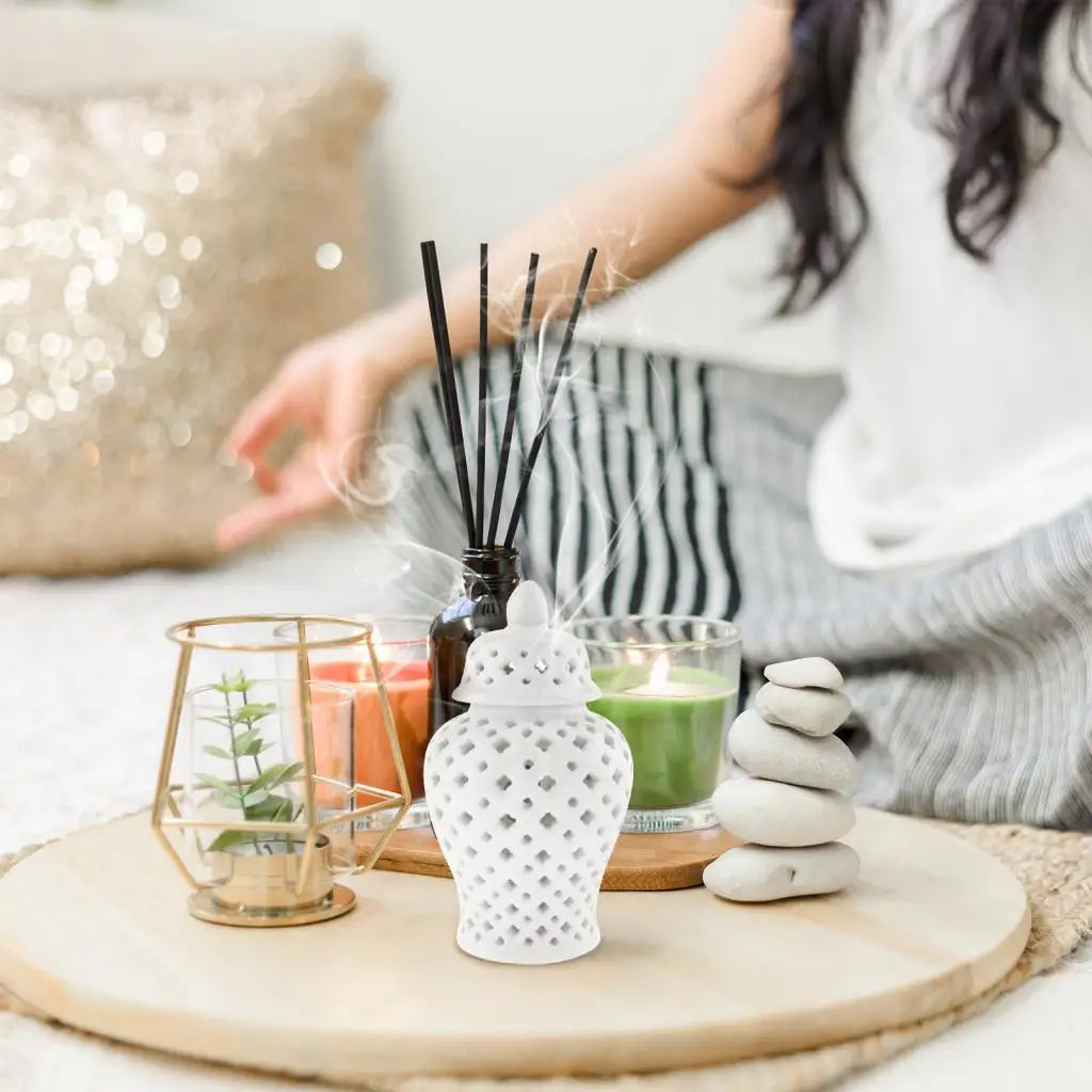 White Porcelain Ginger Jar – Pierced Lattice Ceramic Vase with Lid
