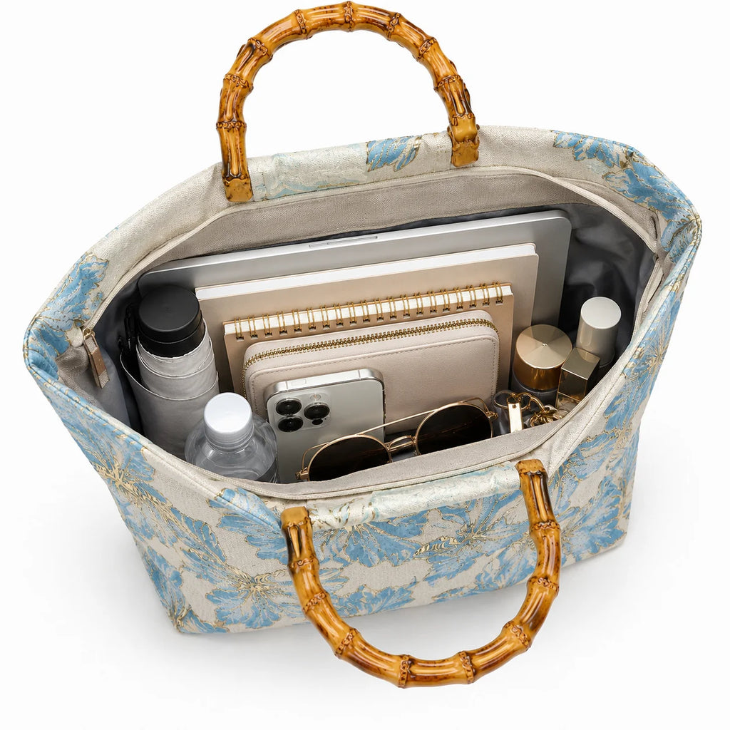 Women's Floral Tote Bag – Bamboo Handle Beach Shoulder Bag