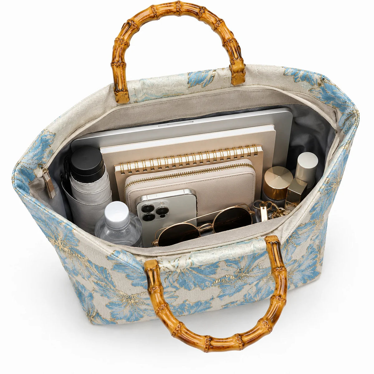 Women's Floral Tote Bag – Bamboo Handle Beach Shoulder Bag