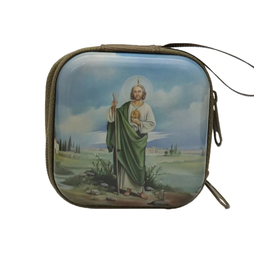 Virgin Mary Rosary Storage Box – Zippered Metal Christian Gift