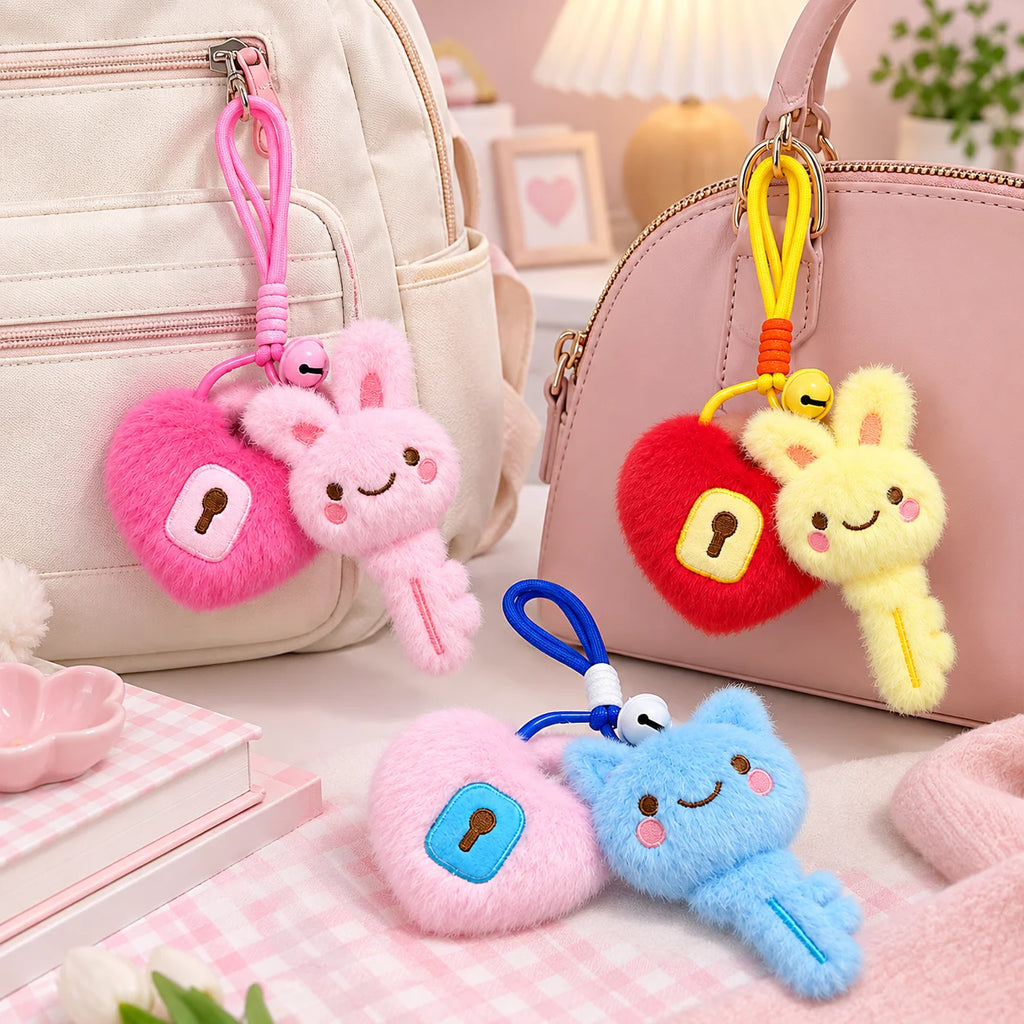 Kawaii Heart Lock Plush Keychain – Cute Bag Charm Pendant