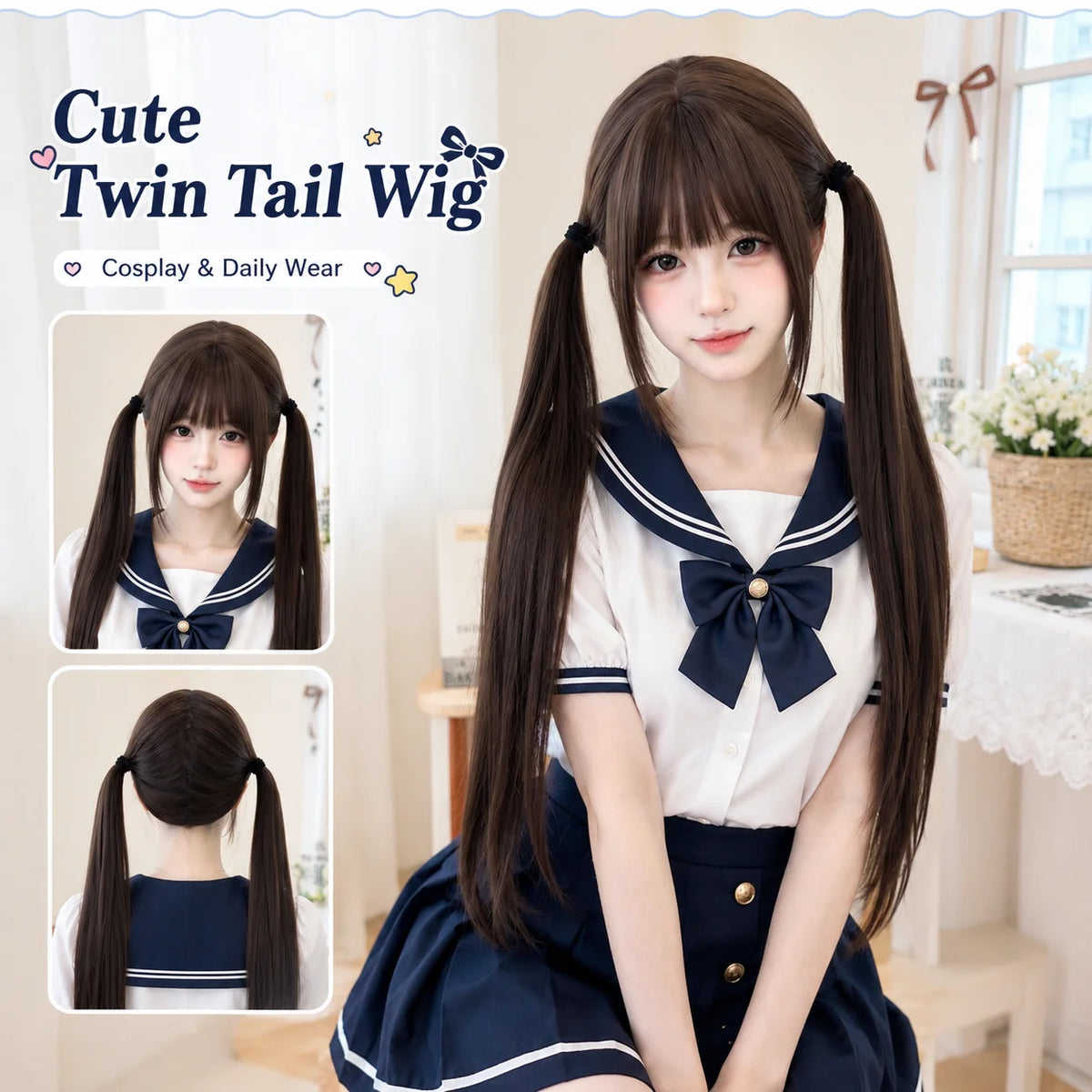 Long Straight Double Ponytail Lolita JK Cosplay Wig – Synthetic