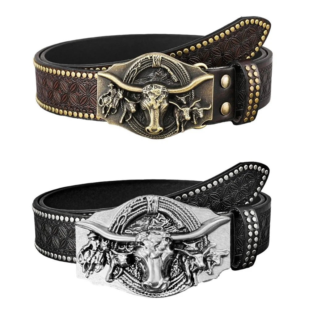 Vintage Western Cowboy PU Leather Belt – Ox Head Buckle