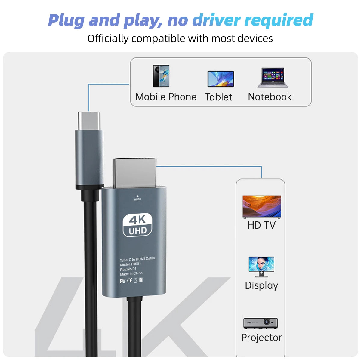 USB-C to HDMI Cable Adapter | 4K Thunderbolt 3 Compatible