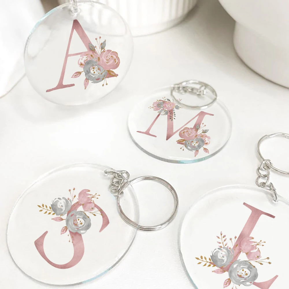 Pink Monogram Acrylic Keychain | Floral Initial Key Ring Gift
