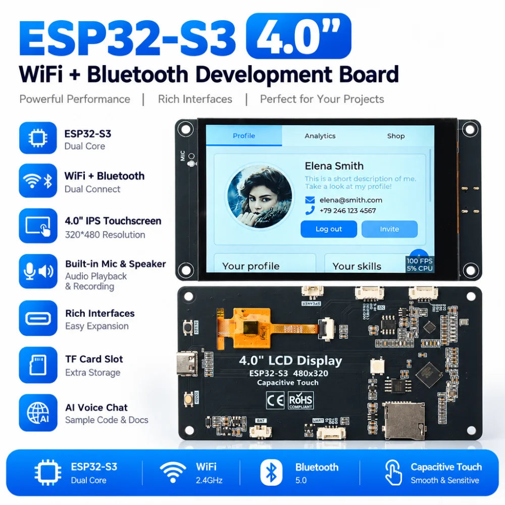 ESP32-S3 4" WiFi Bluetooth Dev Board – AI Voice & Touchscreen
