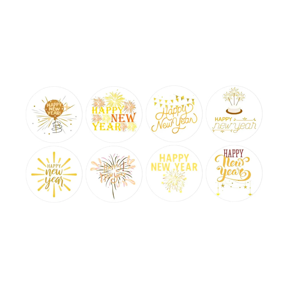 500-Pack Gold Foil Happy New Year Stickers | Gift Packaging