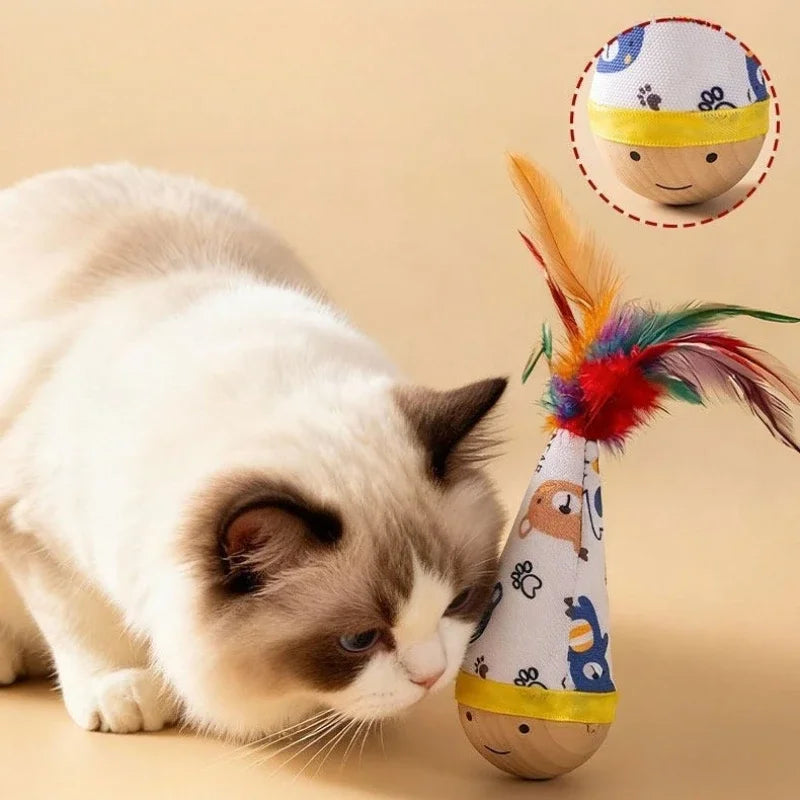 Interactive Cat Tumbler Wobbler Toy – Feather & Wooden Base