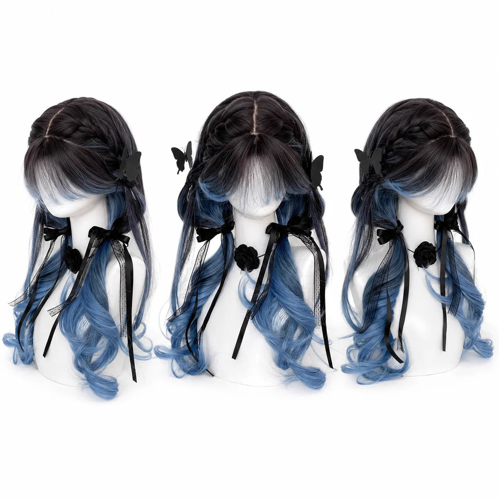 Black Blue Gradient Lolita Wig – Long Curly Waves & Air Bangs