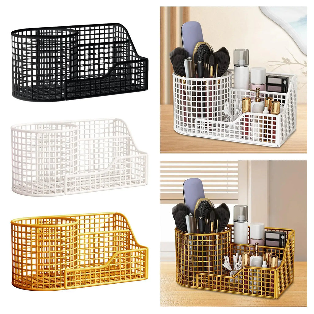 Metal Makeup Brush Holder – 3-Compartment Vanity Organizer