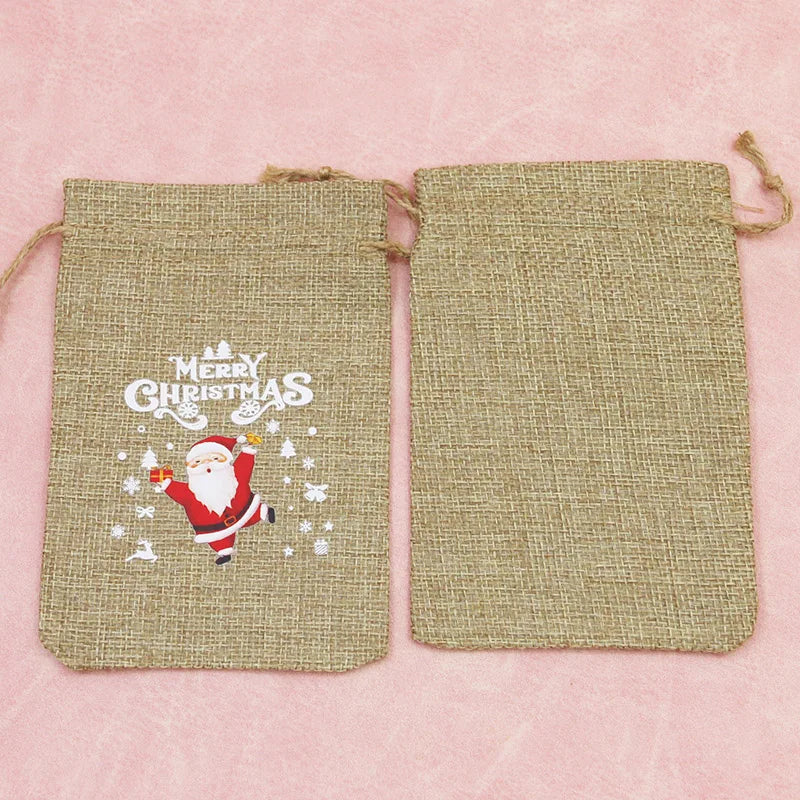 5-Pack Linen Christmas Gift Bags – Apple & Santa Pattern