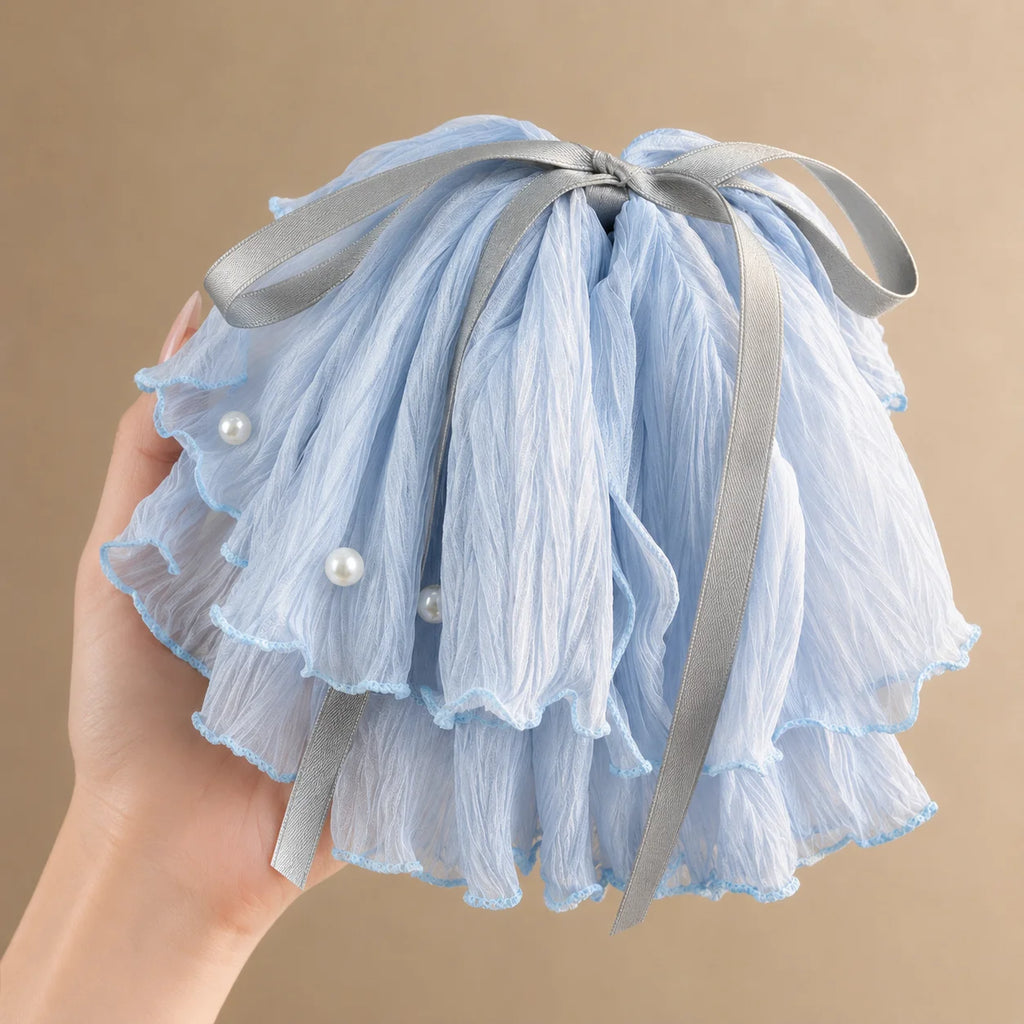 Blue Ruffle Bow Hair Clip with Pearl Decor | Elegant Barrette