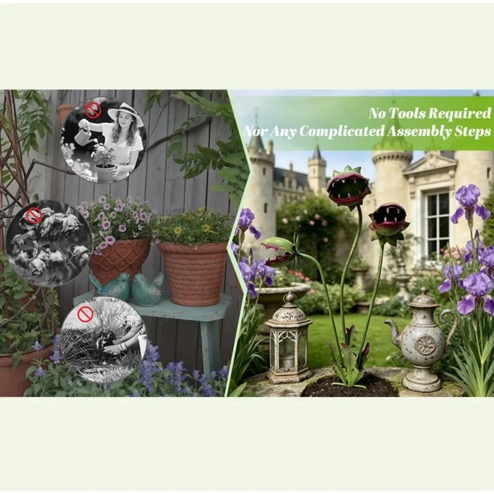 Colorful Metal Flytrap Garden Stake – 3-Head Rust-Proof Decor