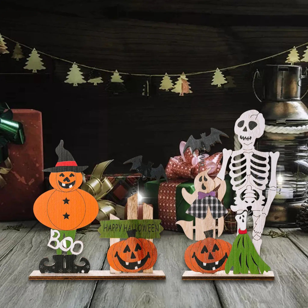 Halloween Wooden Table Centerpiece – Bat Ghost Skull Décor