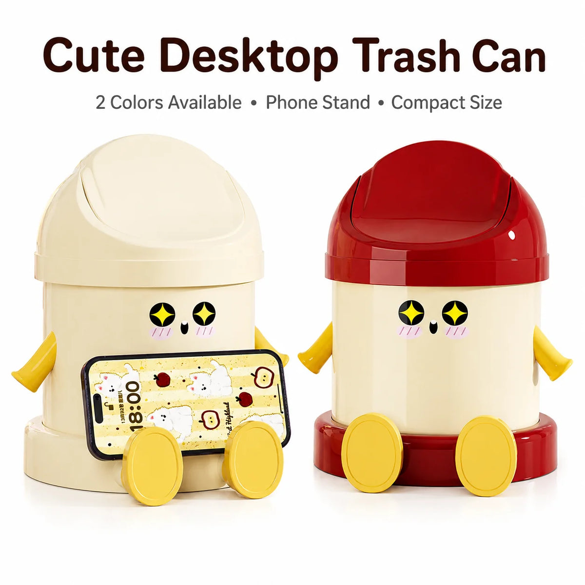 Cartoon Desktop Trash Can with Phone Stand & Flip Lid