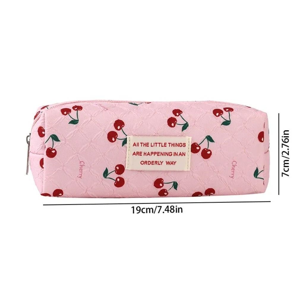 Korean Cherry Print Pencil Case – Large Capacity Quilted Pouch