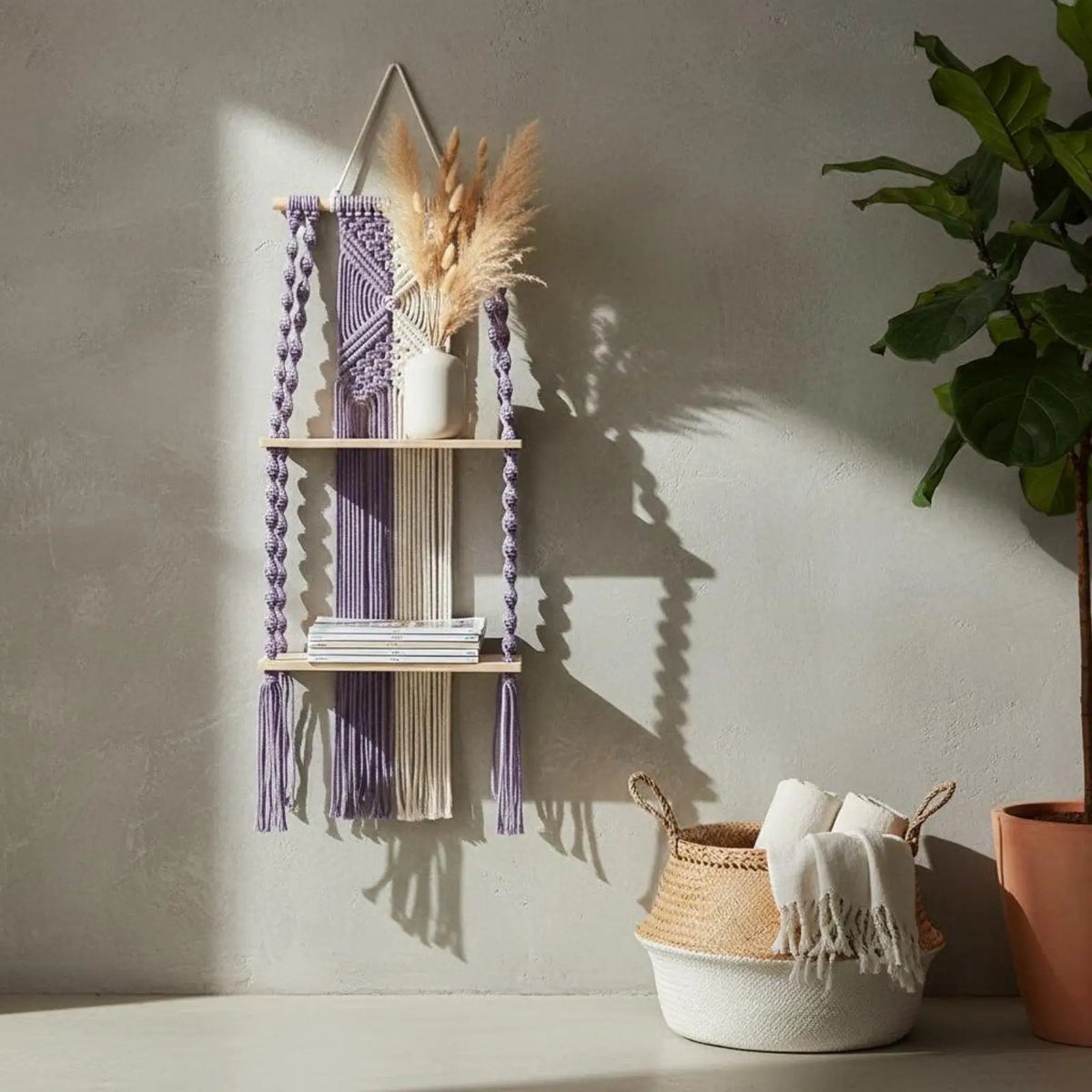Macrame Wall Shelf – Boho Cotton Rope & Wood Shelves Décor