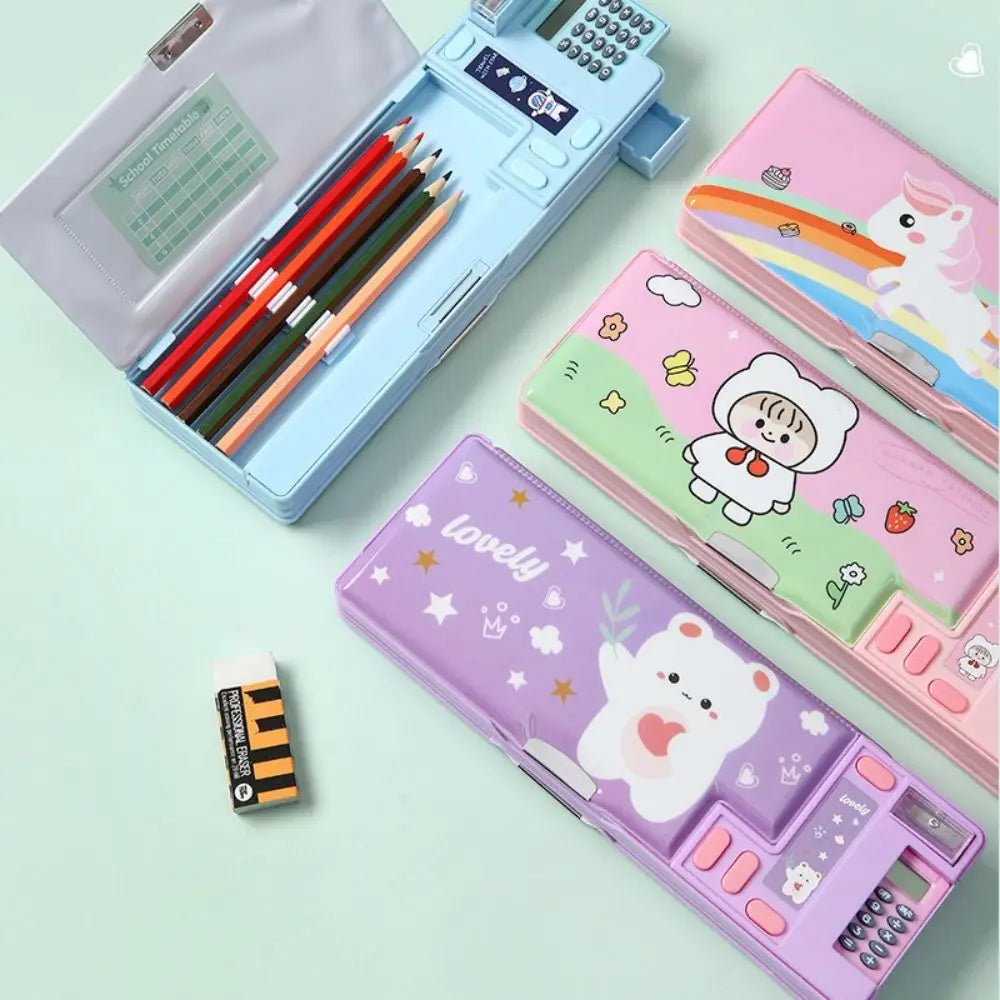 Double Layer Pencil Case with Calculator & Sharpener
