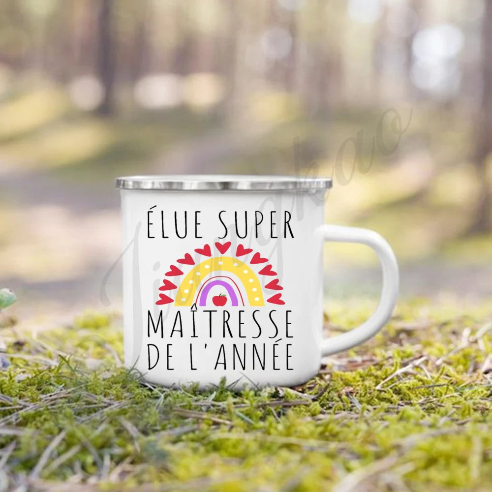 Teacher Gift Enamel Coffee Mug – Vintage Cartoon Print