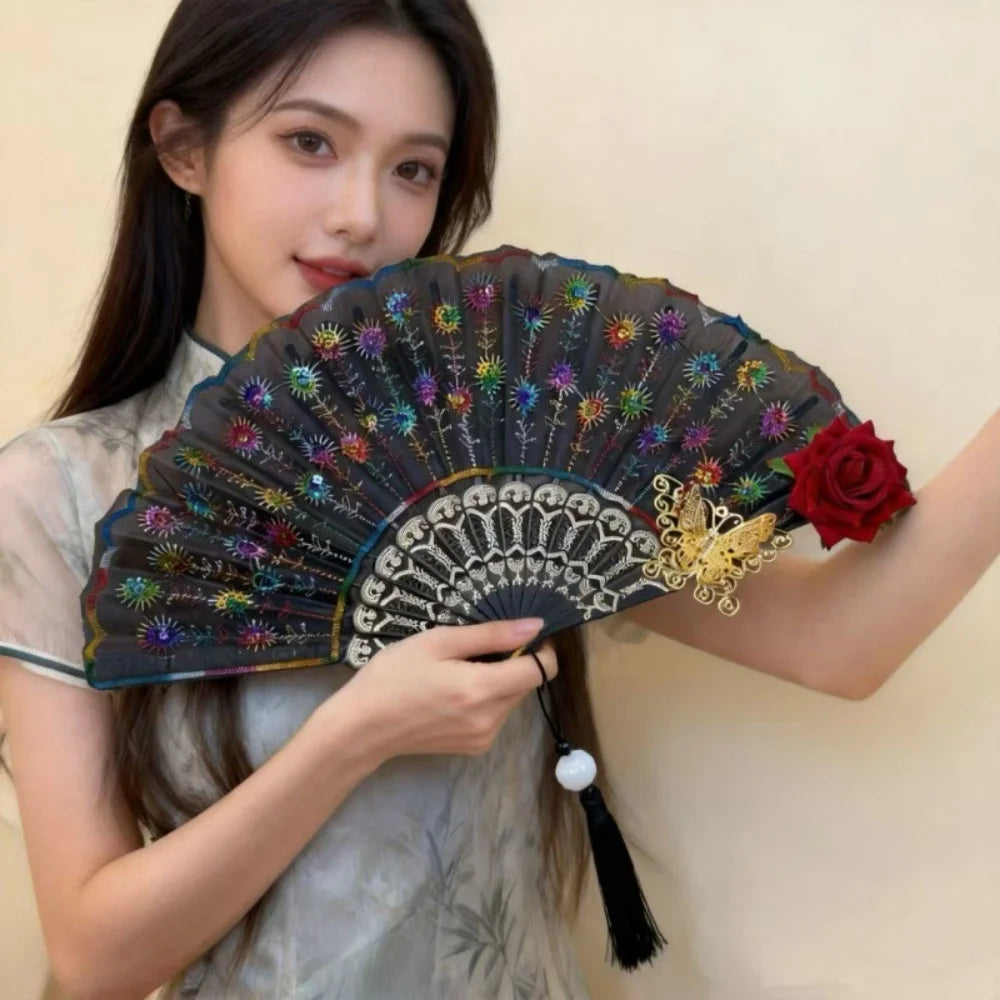 Sequin Embroidered Rose Folding Fan with Tassel – Vintage Style